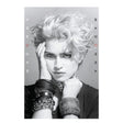 A black and white portrait of Madonna with voluminous curly platinum blonde hair, wearing multiple chunky bracelets and a chain necklace, with the name 'MADONNA' printed vertically on both sides.
