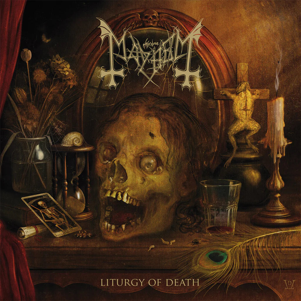 Album cover with a skull, candles, and other objects on a table, featuring the band's logo and 'Liturgy of Death' text.
