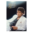 A Michael Jackson Thriller poster featuring a portrait of the artist in a white blazer and dark shirt, with his signature in gold at the top against a dark background.