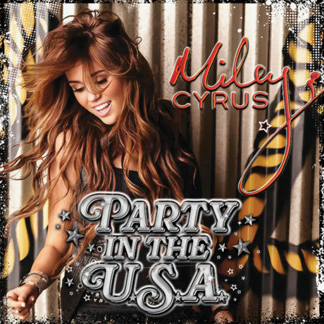Album cover for 'Party in the USA' by Miley Cyrus with a person and decorative elements.