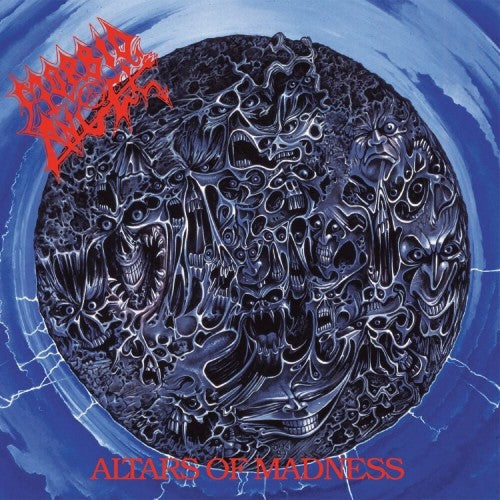 Album cover for 'Altars of Madness' by Morbid Angel with intricate design and text.