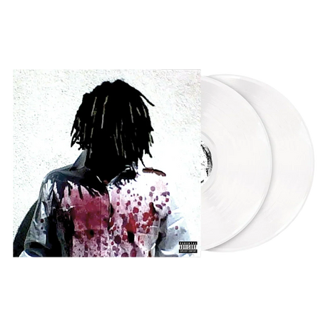 Vinyl record with a cover featuring an artistic depiction of a person with bloodstains on a white background