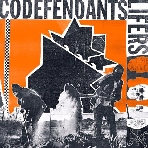 Album cover art for 'Codefendants' by LIFERS, featuring a bold orange and black graphic design with silhouettes of workers in a construction or demolition scene, skulls, and distressed typography.