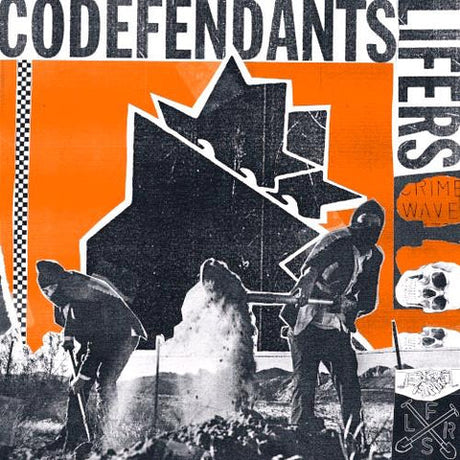 Album cover art for 'Codefendants' by LIFERS, featuring a bold orange and black graphic design with silhouettes of workers in a construction or demolition scene, skulls, and distressed typography.