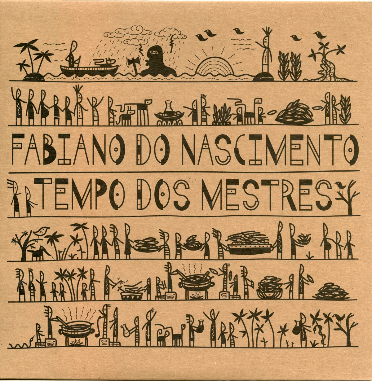 A square graphic print or poster on a tan background with black illustrated bands of figures, objects, and stylized text reading 'FABIANO DO NASCIMENTO TEMPO DOS MESTRES'.