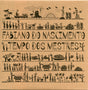 A square graphic print or poster on a tan background with black illustrated bands of figures, objects, and stylized text reading 'FABIANO DO NASCIMENTO TEMPO DOS MESTRES'.