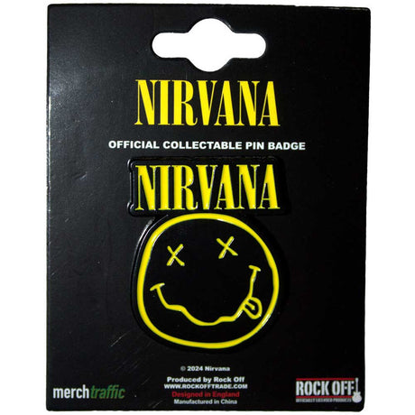 Nirvana collectible pin badge packaging with yellow smiley face design on a black background