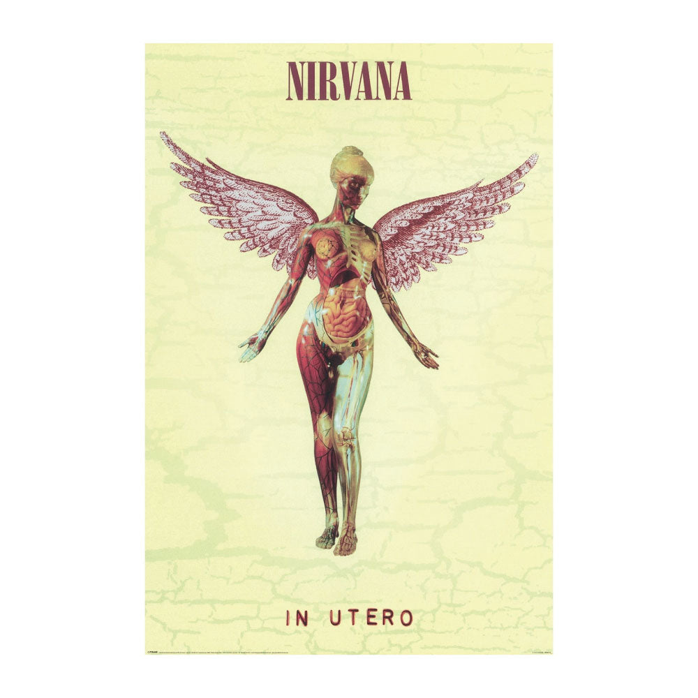 A Nirvana 'In Utero' album art print featuring a stylized anatomical illustration of a winged female figure on a pale cream background with the band name at the top and album title at the bottom.