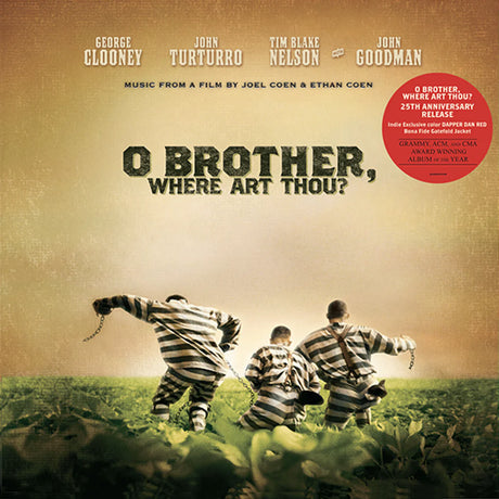 Album cover for 'O Brother, Where Art Thou?' with three men in striped prison uniforms running through a field.