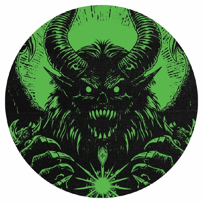 Circular design with a demon-like creature in black on a green background