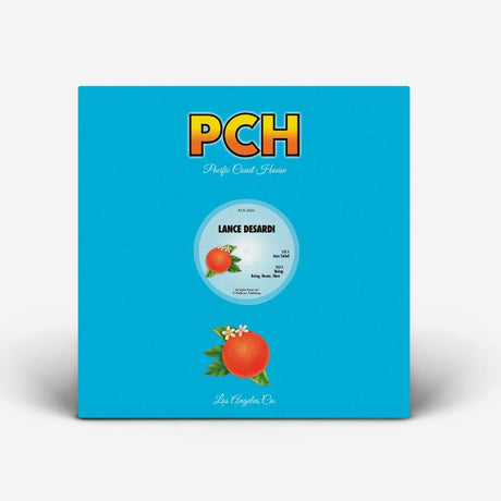 Blue album cover with 'PCH' branding and fruit illustration on a white background