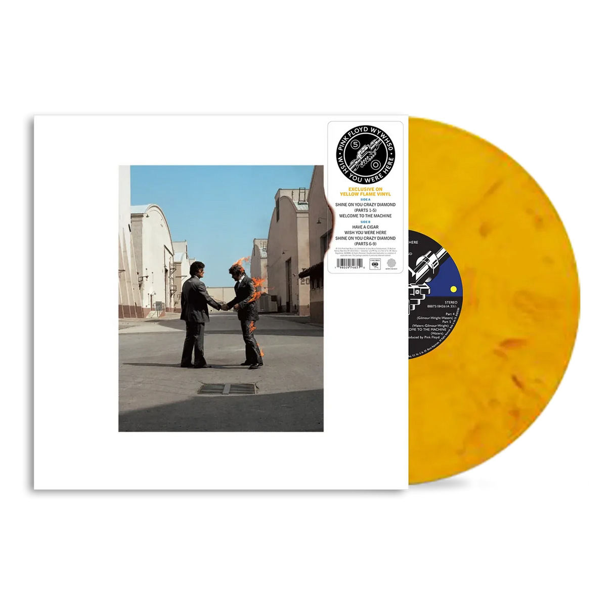 Vinyl record with a yellow disc and cover showing two people shaking hands on a street.