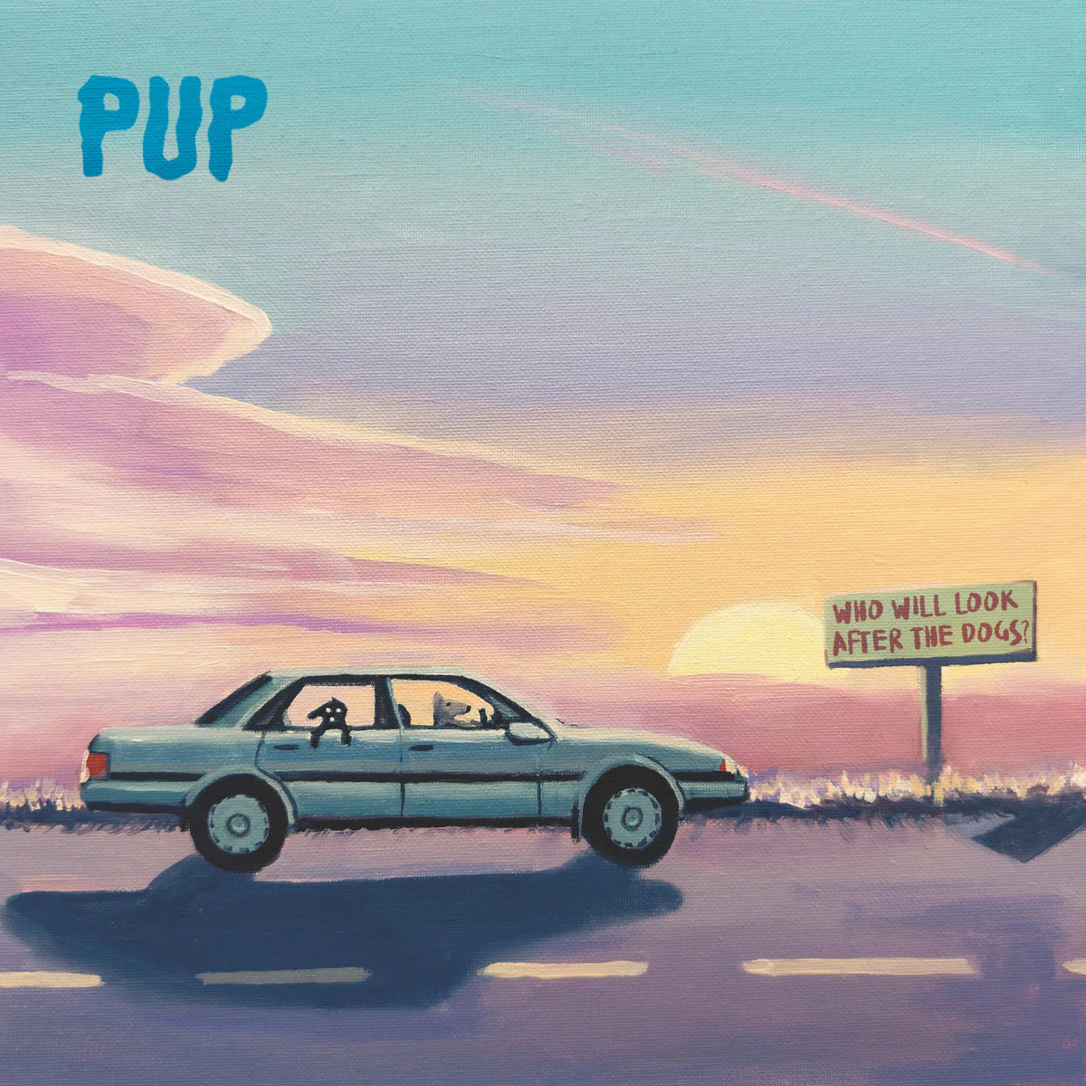 Album cover with a car on a road, sunset, and 'PUP' band name.