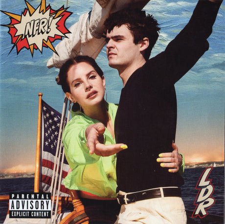 The image presents the cover art for Lana Del Rey's sixth studio album, "Norman Fucking Rockwell!" The cover features a vibrant and dynamic illustration of the artist and a male figure, possibly a member of her band or a friend, against a backdrop of a bright sky and a body of water, likely a sea or ocean. The title of the album appears prominently at the top in a bold, red font with a stylized exclamation mark, emphasizing the album's name.