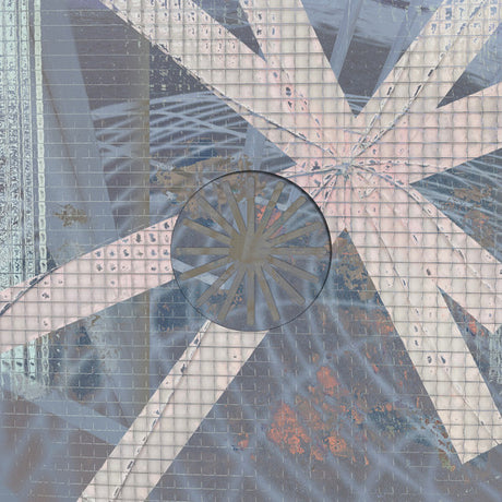 Abstract geometric design with intersecting lines and a central circle on a textured surface.