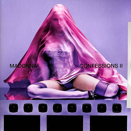 Album cover art for Madonna's 'Confessions II' featuring a seated woman draped in pink fabric against a lavender background, with the album title and artist name printed in black text.