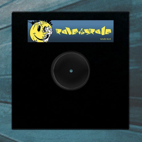 Black vinyl record with a yellow cartoon character and 'Ravegrade' label on a blue textured background
