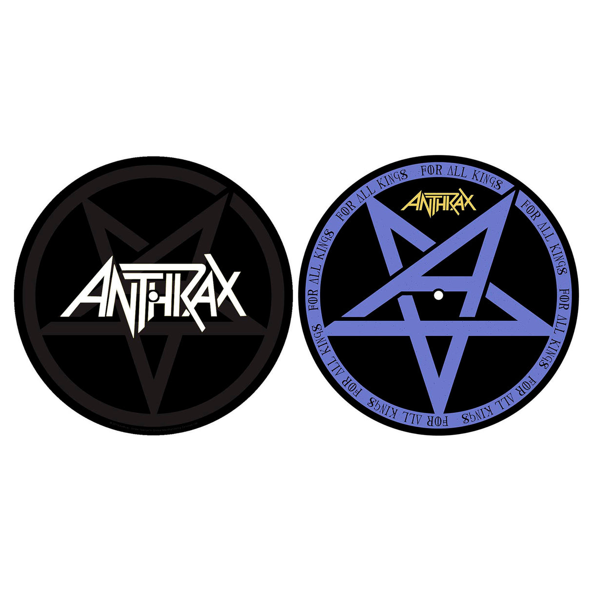 Two circular stickers with Anthrax logo and pentagram design on a white background