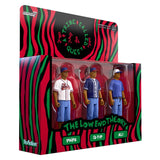 A boxed set of three collectible action figures in clear plastic window packaging, shown against a plain white background. The packaging has bold black, red, and green zebra-style graphics with the text 'A Tribe Called LOST' and 'THE LOW END THEORY.