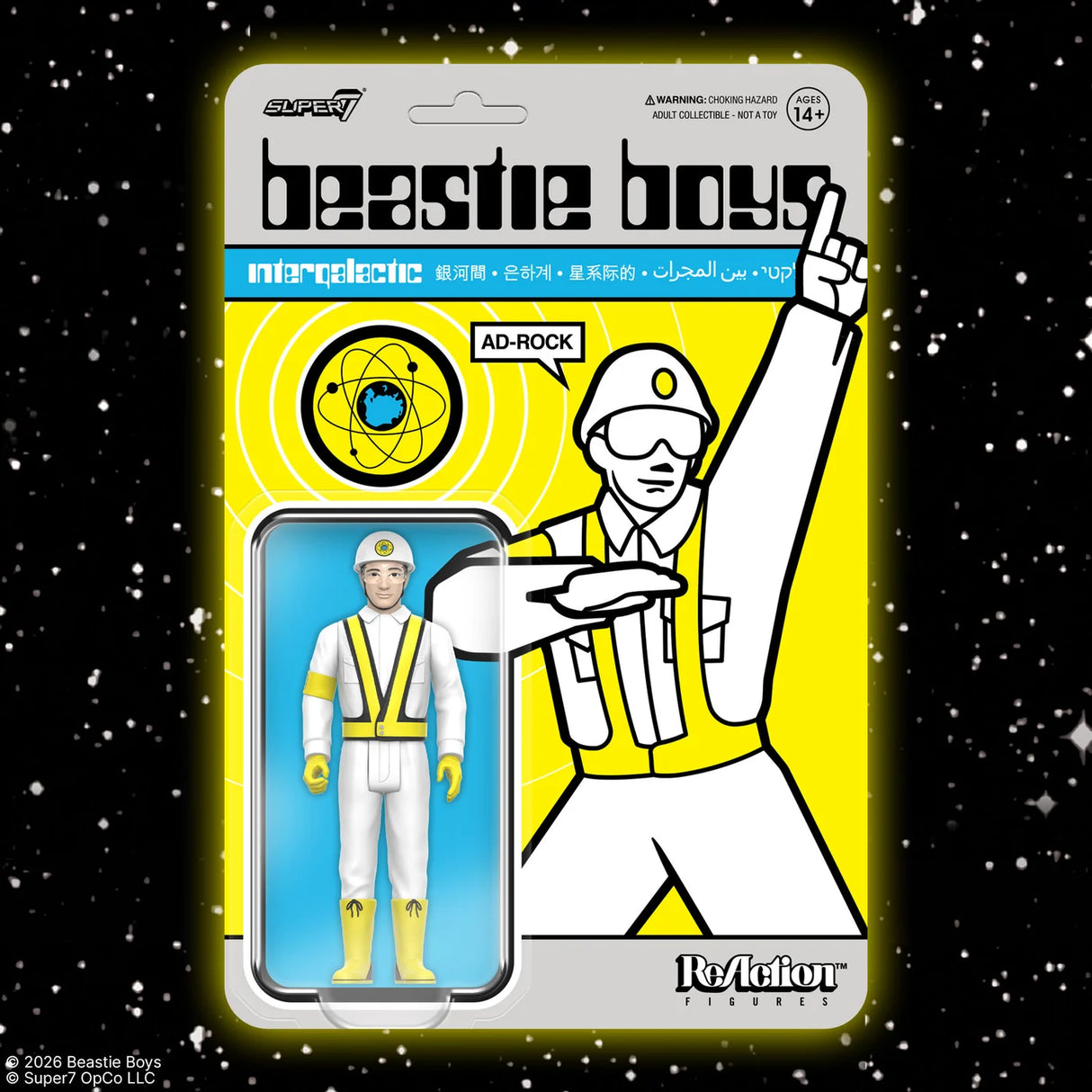 Beastie Boys 'Megalectic' Super7 Retro Action figure in its original blister card packaging, displayed against a black starry background.