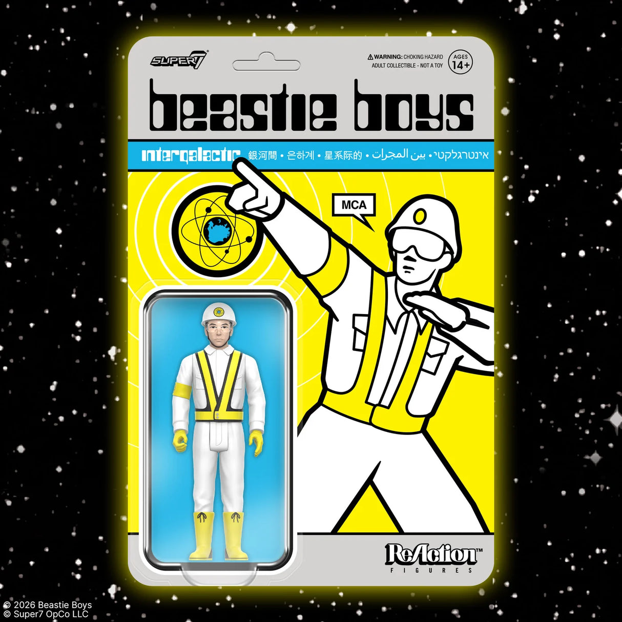 Beastie Boys Mergalix action figure in its original blister card packaging, featuring a retro-style yellow and white cardback with cartoon graphics of a construction worker on a black starry background.