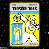 Beastie Boys Mergalix action figure in its original blister card packaging, featuring a retro-style yellow and white cardback with cartoon graphics of a construction worker on a black starry background.