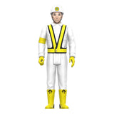 Person wearing a white jumpsuit with yellow accents and a helmet on a white background