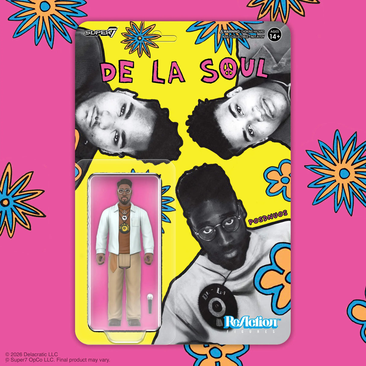 Action figure packaging for De La Soul with colorful floral designs on a pink background
