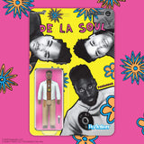 Action figure packaging for De La Soul with colorful floral designs on a pink background