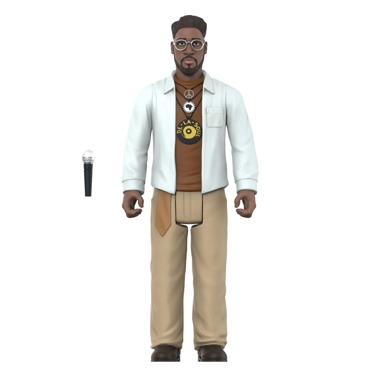Action figure of a character in a white lab coat and brown pants on a white background