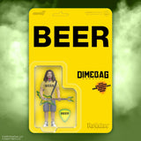 A Dimebag 'Beer' action figure in its original yellow cardback packaging, featuring a retro-style design with a green and black guitar accessory inside a clear window.