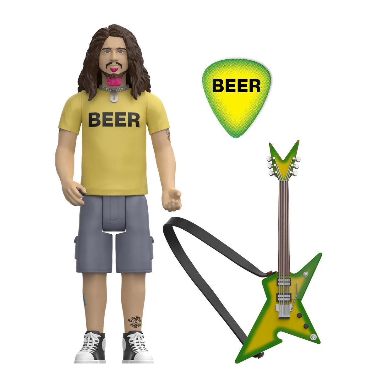 A stylized toy figure of a bearded man with long brown hair wearing a yellow t-shirt with 'BEER' printed on it and gray shorts, shown alongside a green and yellow star-shaped guitar and a green-and-yellow guitar pick on a plain white background.