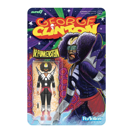 Action figure packaging for George Clinton as Dr. Funkenstein with colorful background