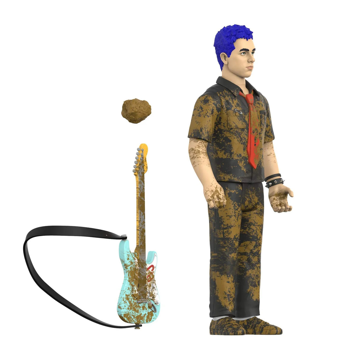 A stylized 3D-rendered character stands on a white background wearing a matching brown splattered outfit, with blue hair, a red tie, and accessories. A separate guitar and a floating rock are also shown beside the figure.