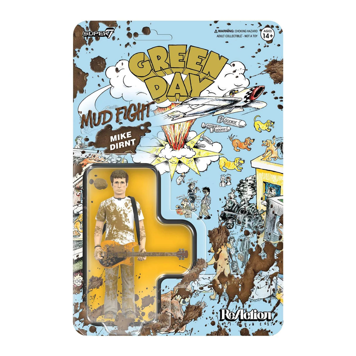 Green Day 'Mud Fight' Mike Dirnt action figure in its original Retro Revolutions carded packaging, featuring a detailed comic-style illustrated background on a white studio backdrop.