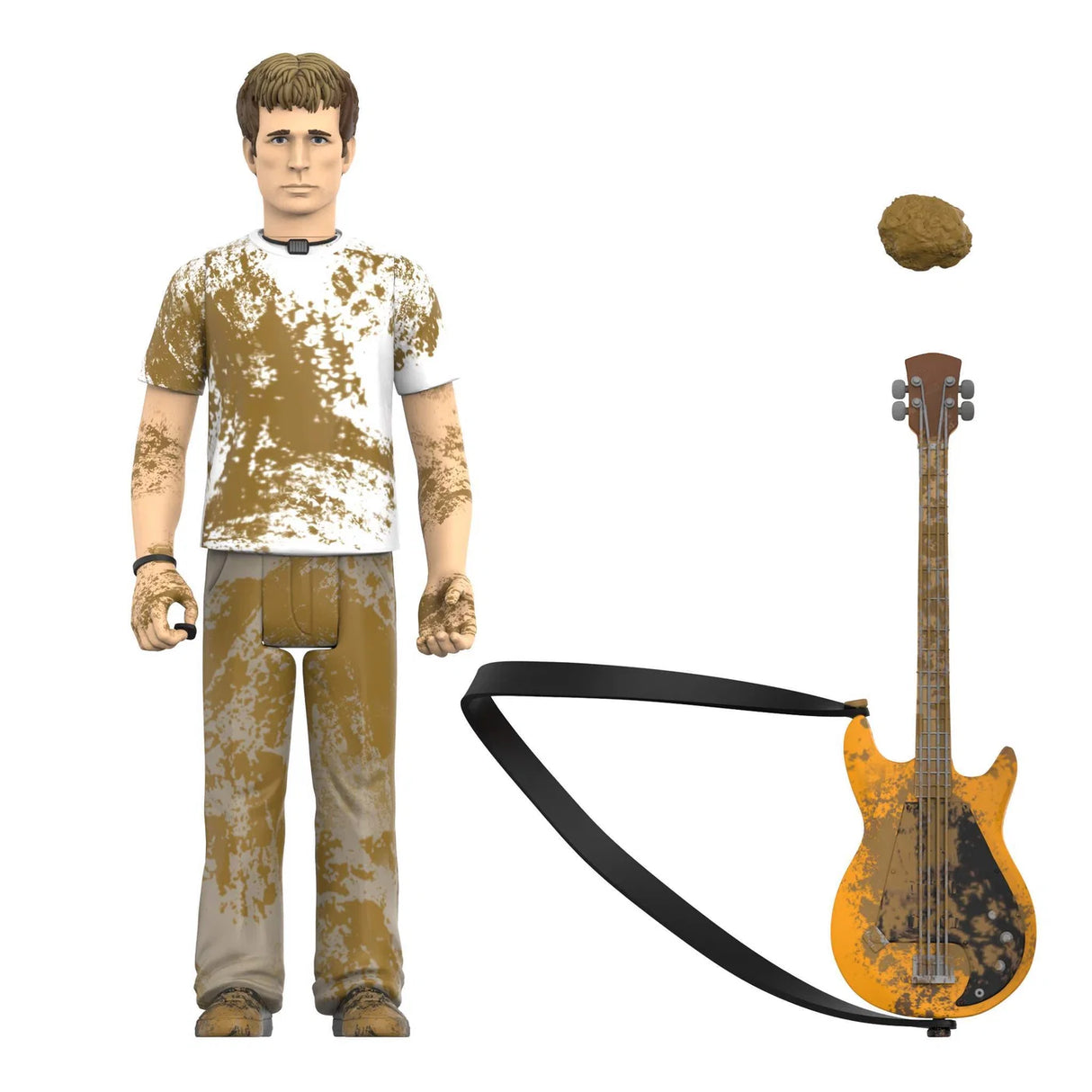A stylized male character figure wearing a white T-shirt and tan pants covered in brown splatter, standing beside a matching splattered yellow-orange electric guitar with a black strap, on a plain white background.