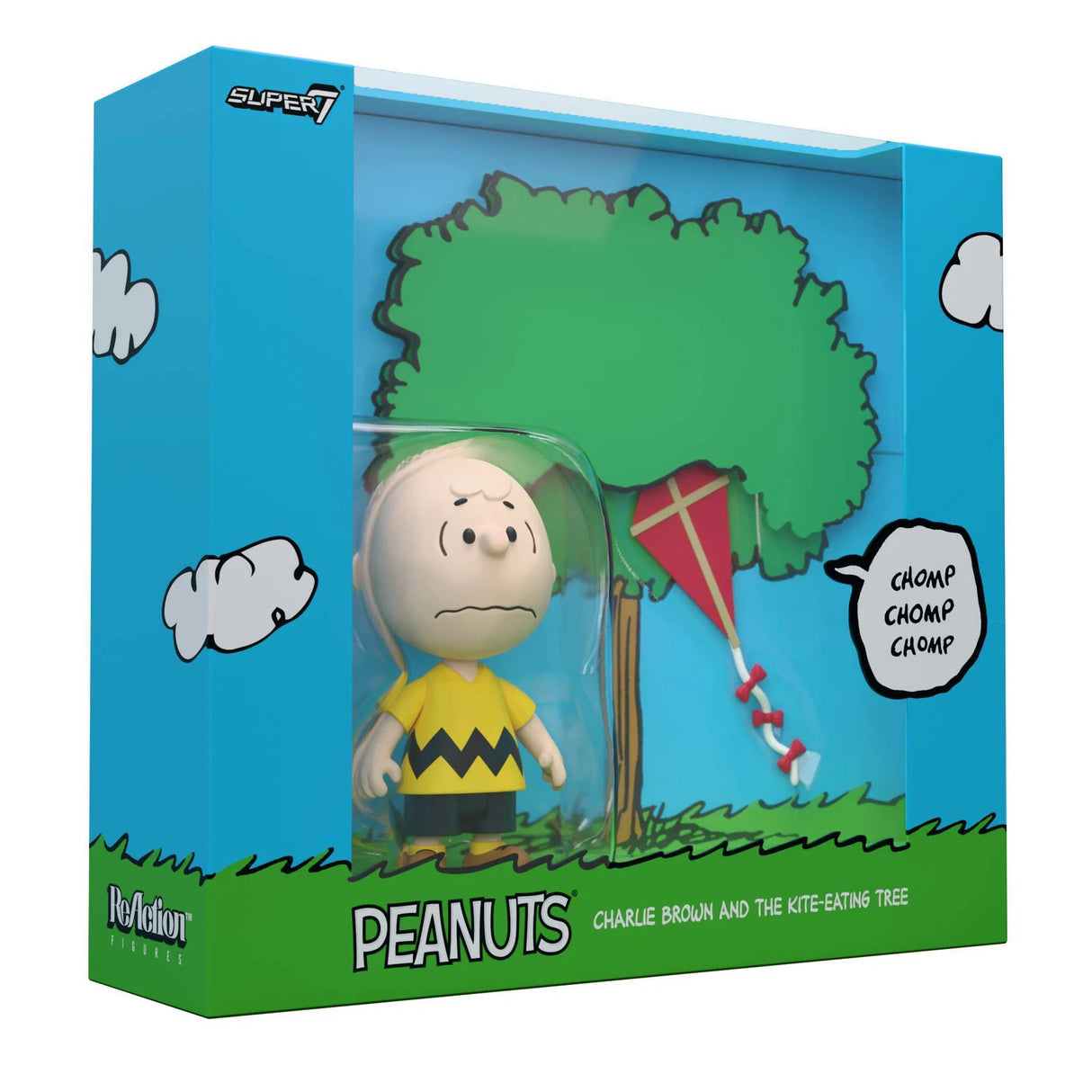 Peanuts-themed action figure packaging with Charlie Brown and a kite-eating tree.