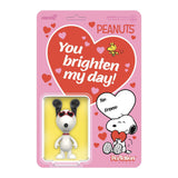 Peanuts-themed action figure in packaging with heart design and text