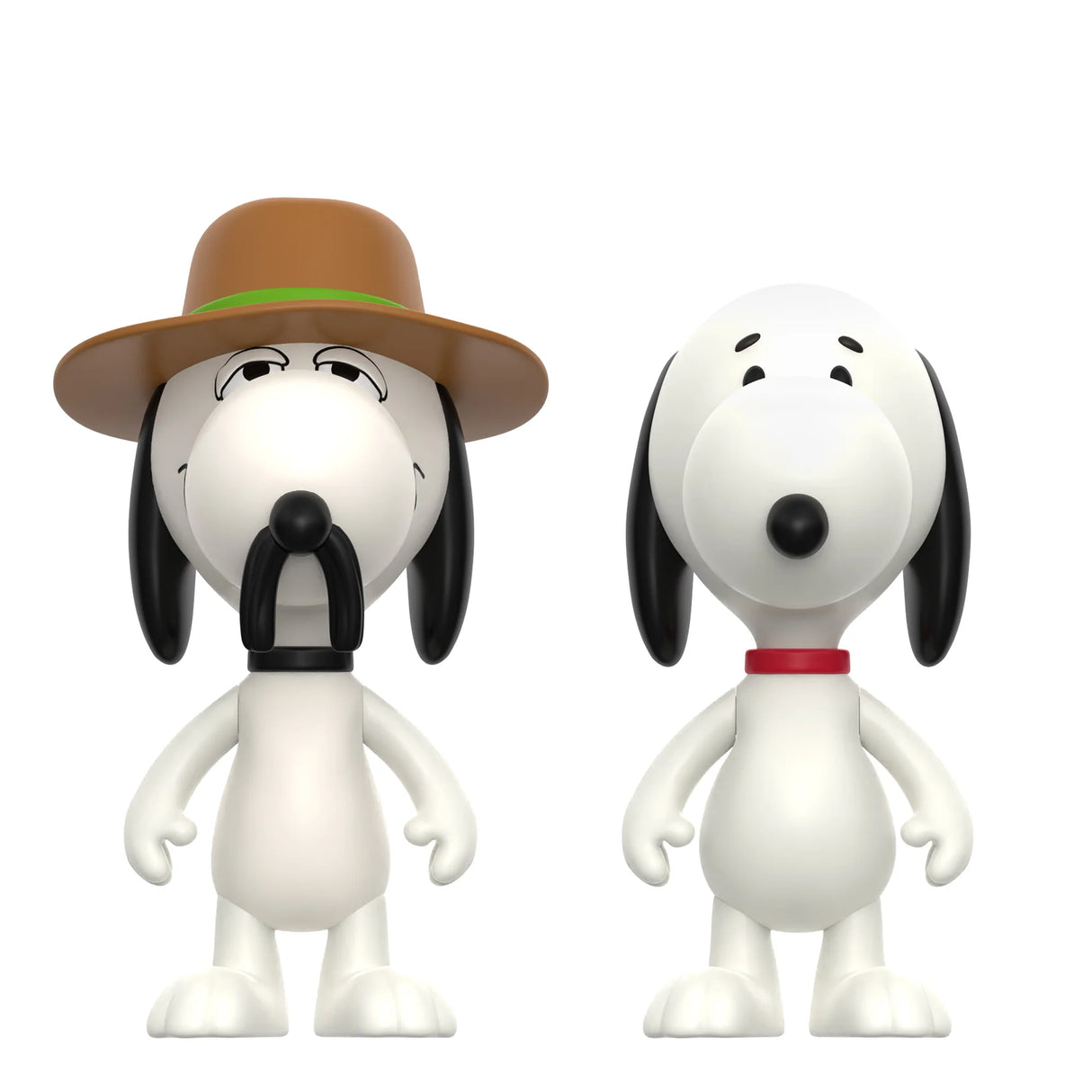 Two dog figurines, one wearing a hat and the other with a red collar, on a white background.