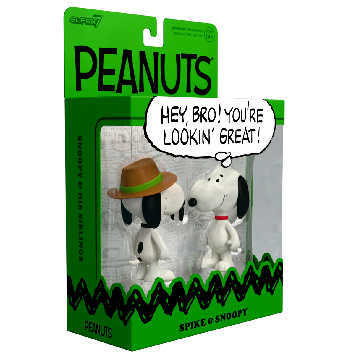 Peanuts figurine packaging with Snoopy and a friend, featuring a green border and 'Peanuts' branding.