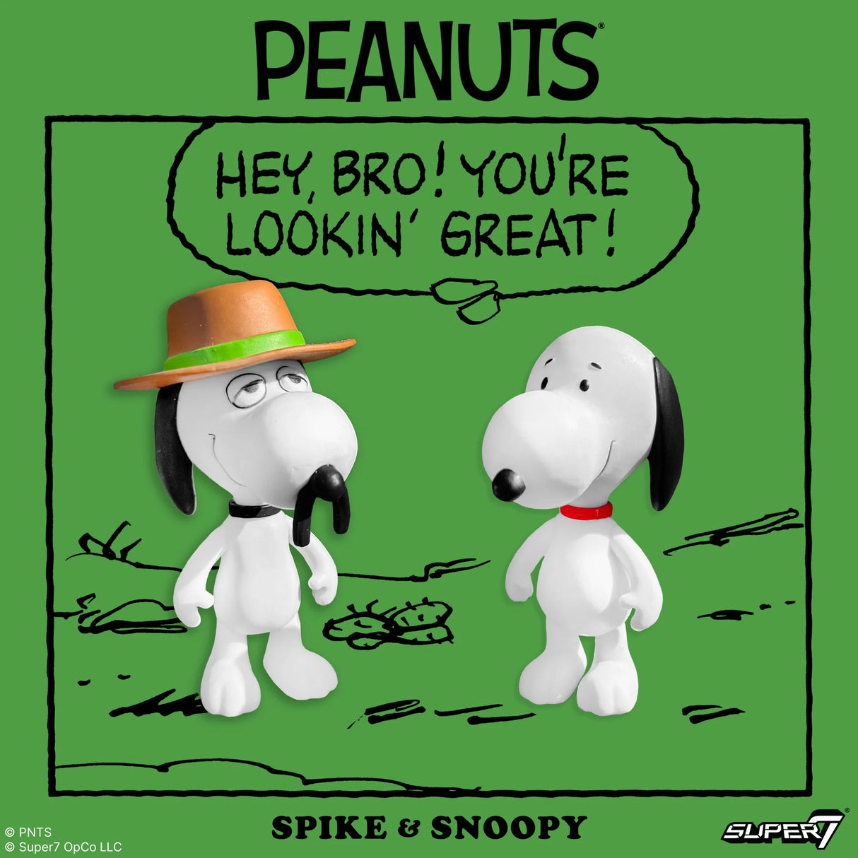 Two cartoon dogs, Spike and Snoopy, on a green background with text bubble saying 'Hey, bro! You're lookin' great!'