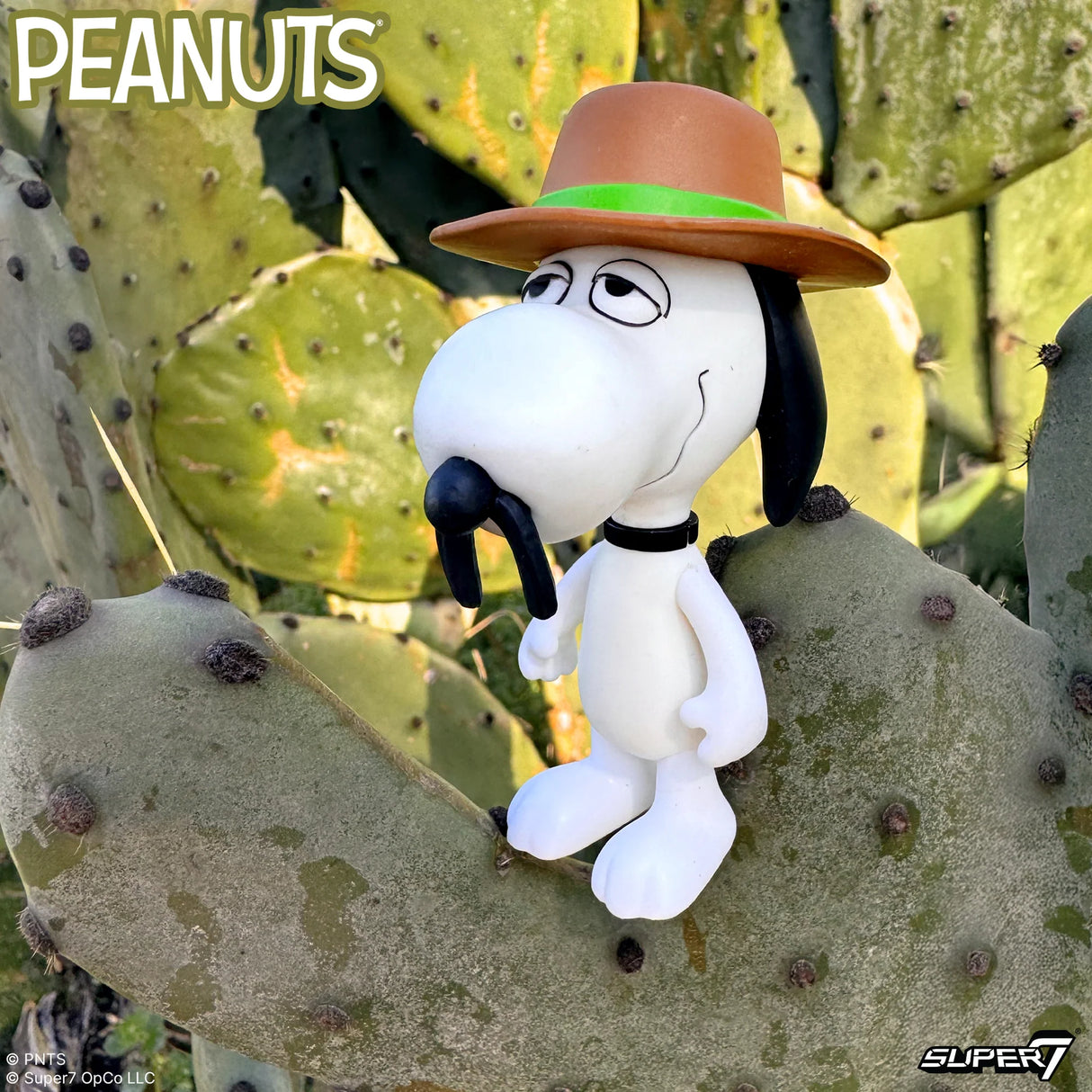 Snoopy figurine with a hat on a cactus plant, with 'Peanuts' branding.