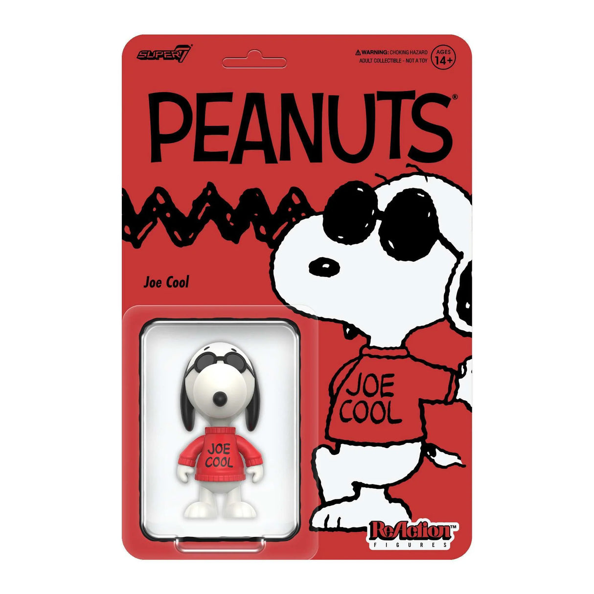 Peanuts figurine in packaging with Snoopy wearing a 'Joe Cool' shirt on a red background