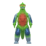 Toy figure with green, blue, and red colors on a white background