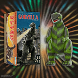 Godzilla action figure with packaging against a colorful, abstract background