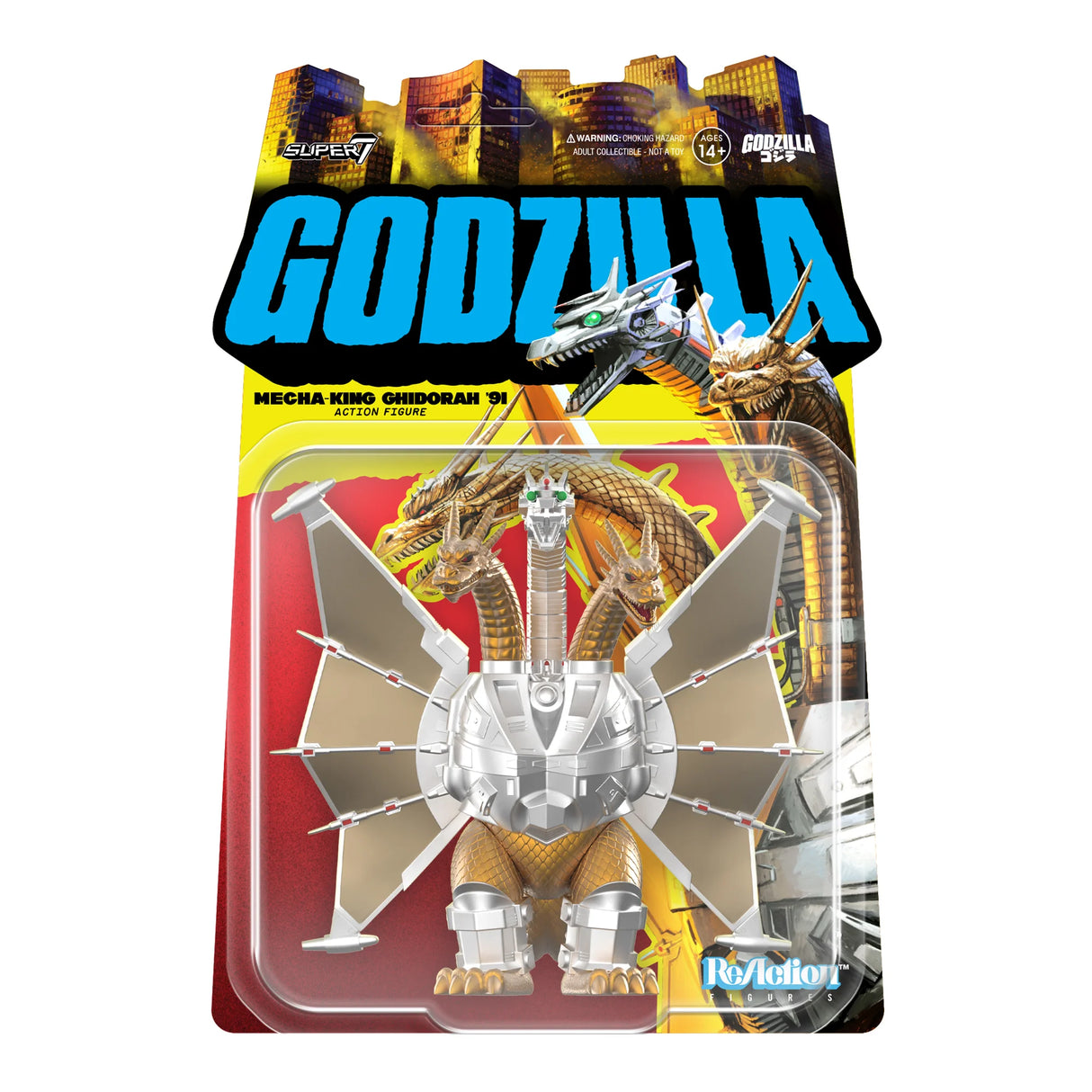 Toy figure of Godzilla in packaging with colorful background
