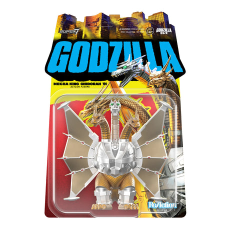 Toy figure of Godzilla in packaging with colorful background