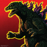 Illustration of a green monster with flames on a red background