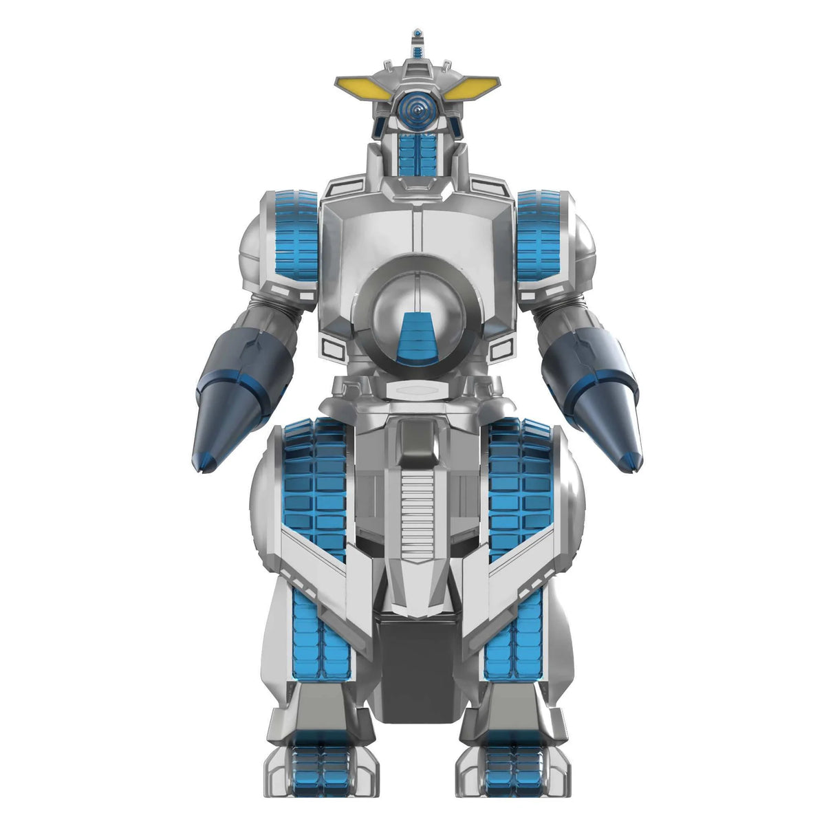Robot toy with blue and silver design on a white background