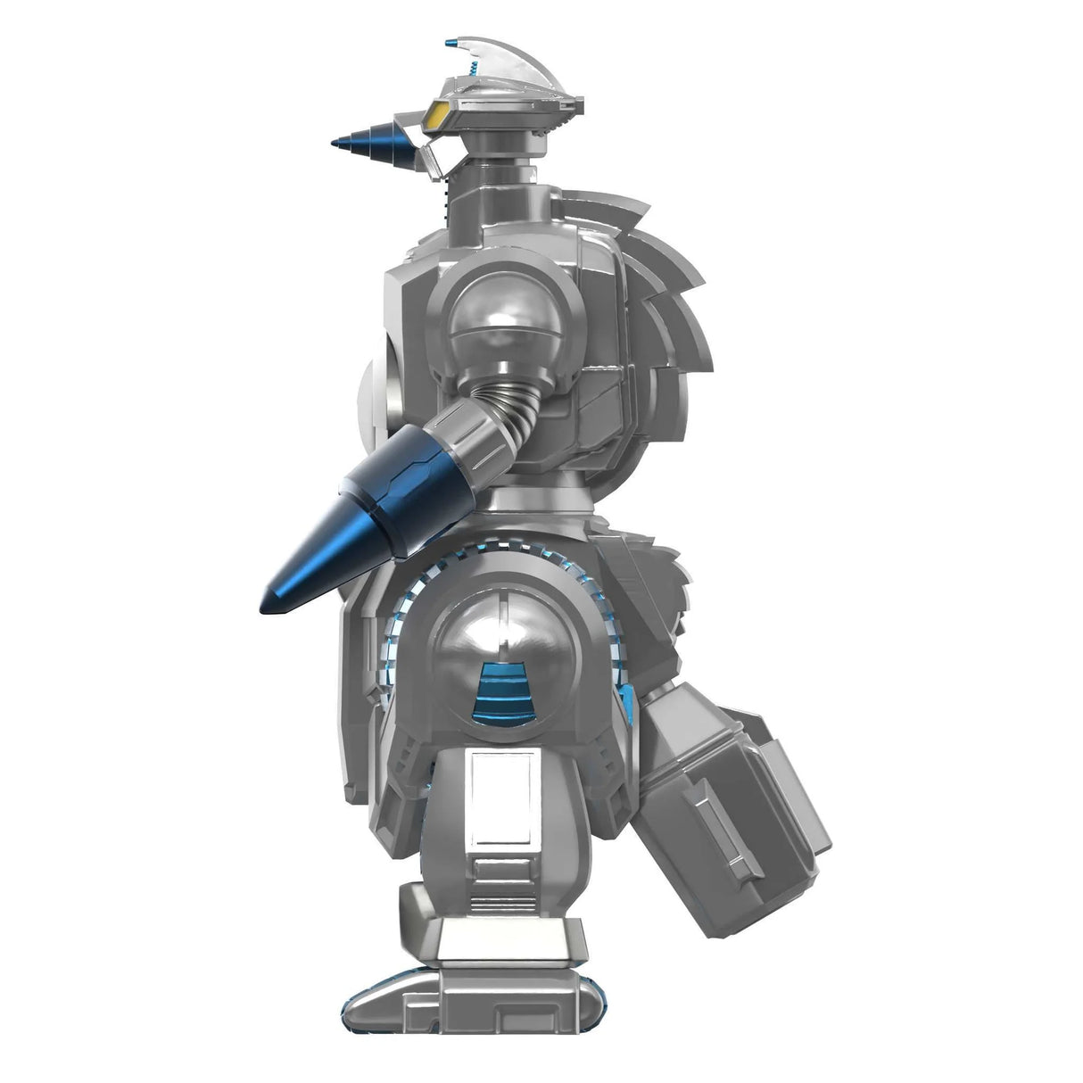 Toy robot with a blue and silver design on a white background